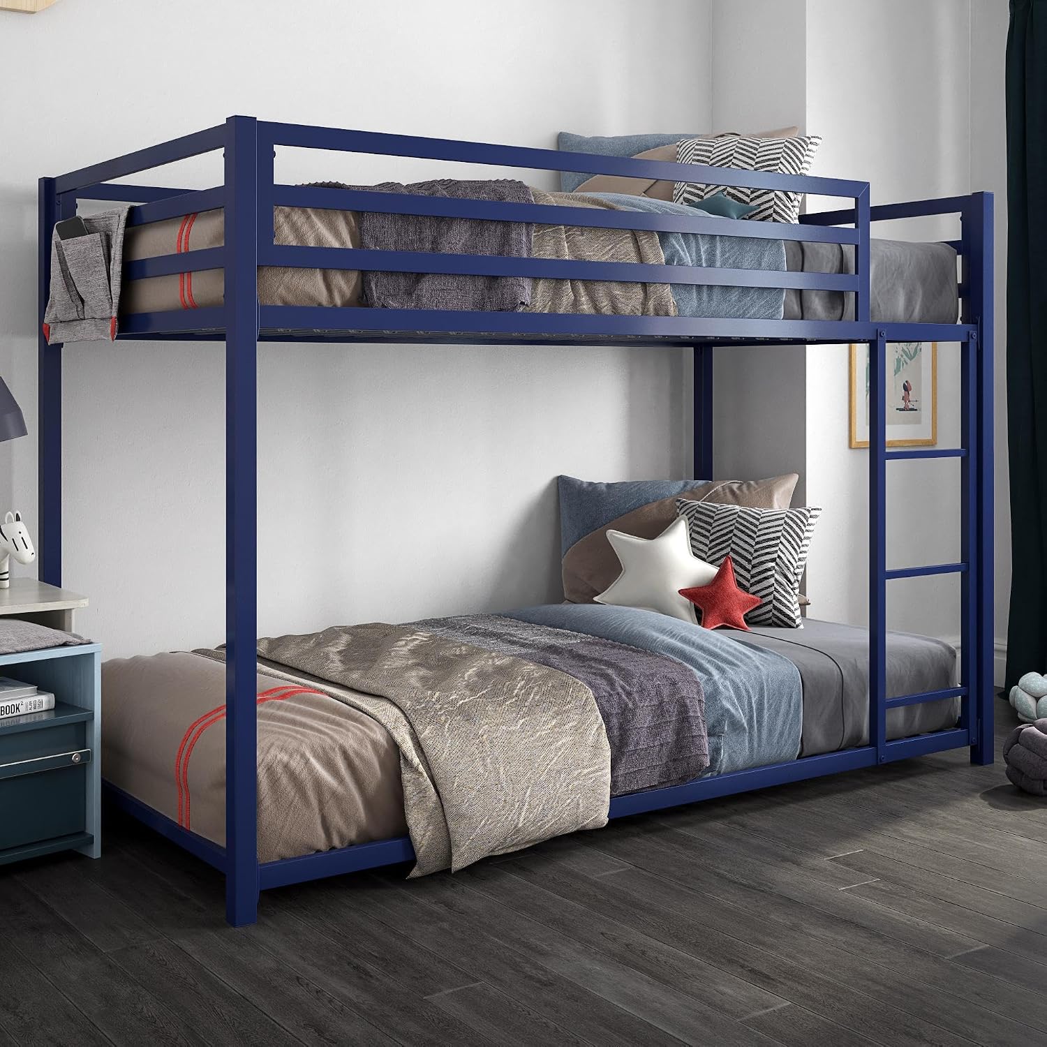 DHP Furniture Miles Low Metal Bunk Bed Frame for Kids, With Built-in Ladder, High Guardrail and Metal Slats, Floor Bed Bottom Bunk, No Boxspring Required, For Small Spaces, Twin-Over-Twin, Blue