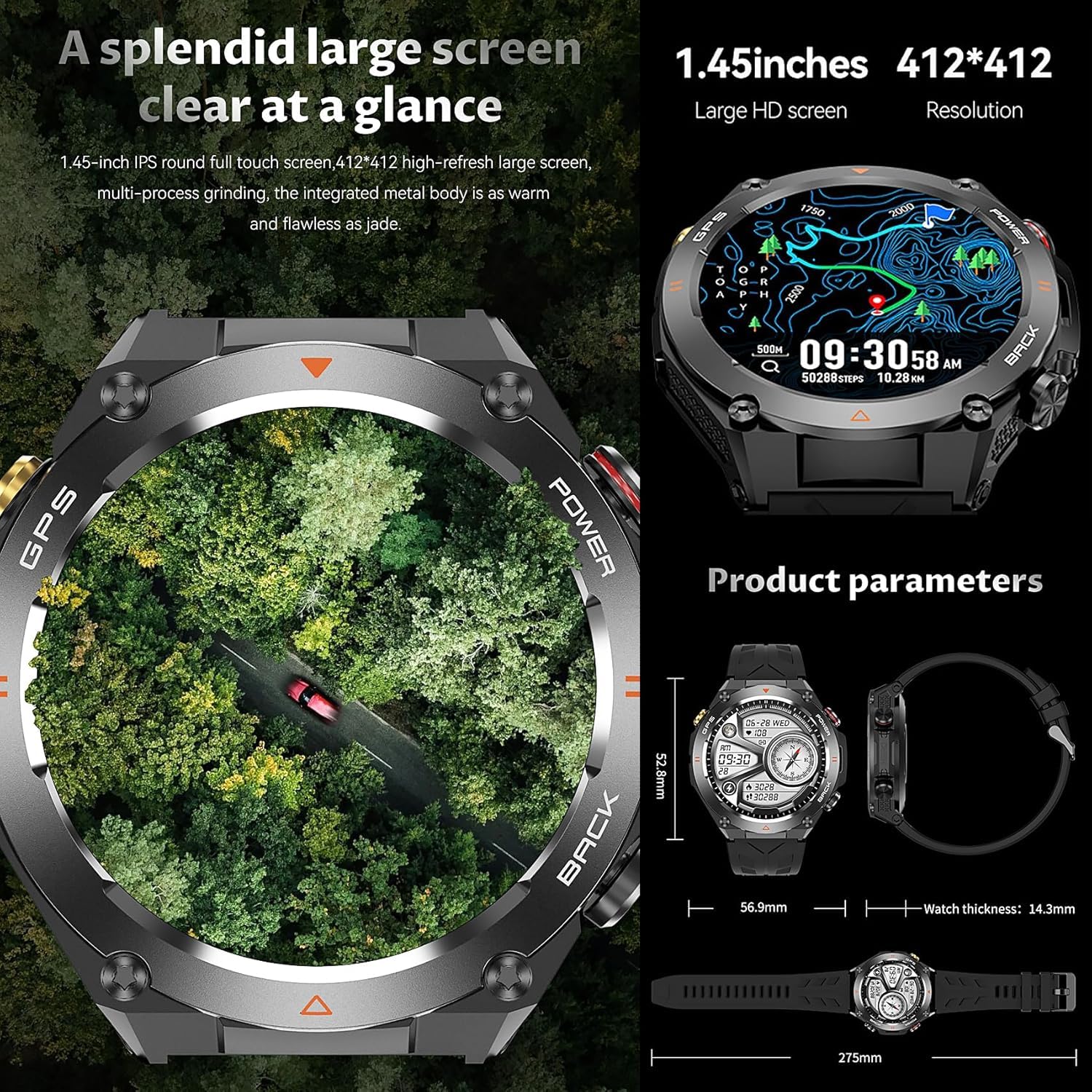 Shyenah KC82 Adventure GPS Smartwatch–1.45 HD | Military-Grade Design, 1ATM Water Resistant | Compass, Altimeter & Barometer | HR, BP & SpO2 Monitoring | Bluetooth Calling | Huge 650mAh Battery(Black)