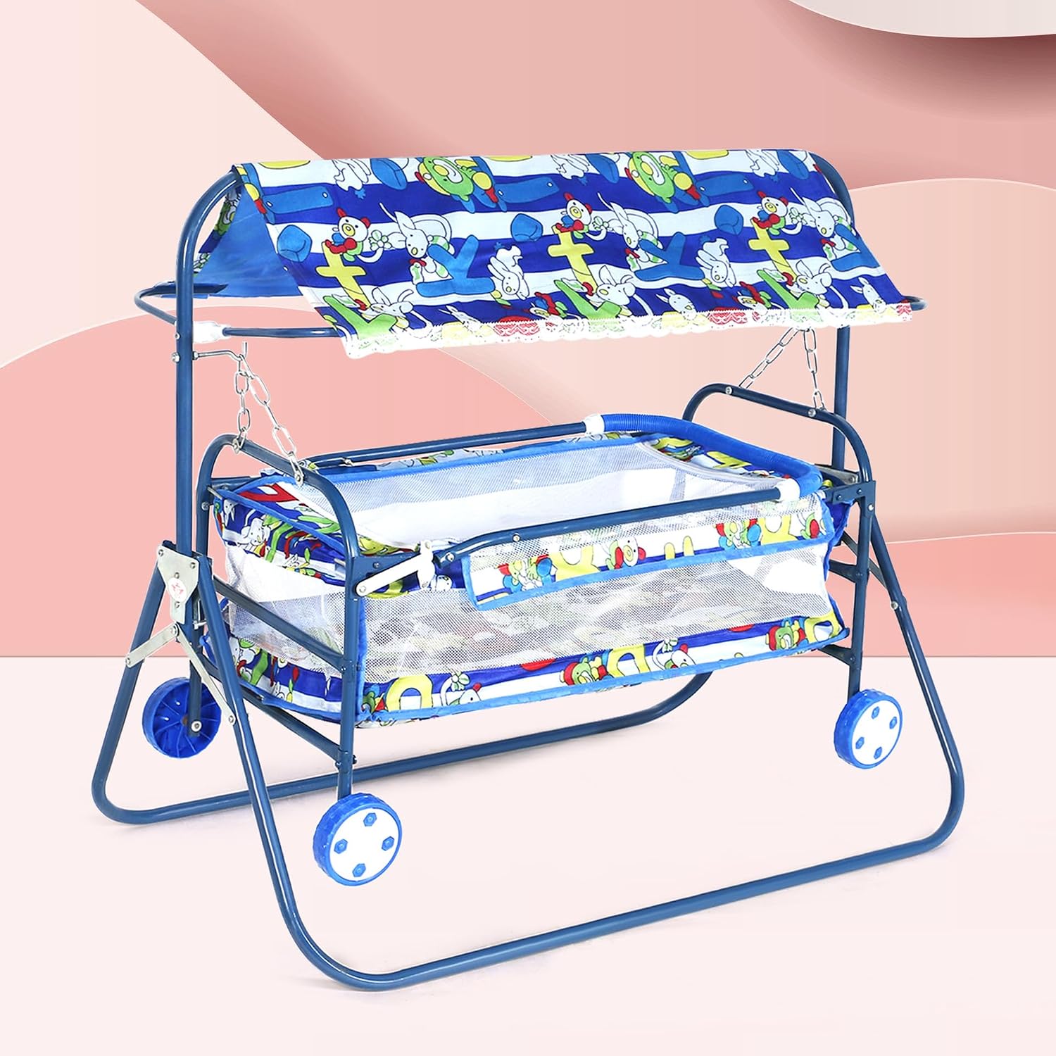 Baby Cradle with Canopy and Wheels, Blue Cartoon Print