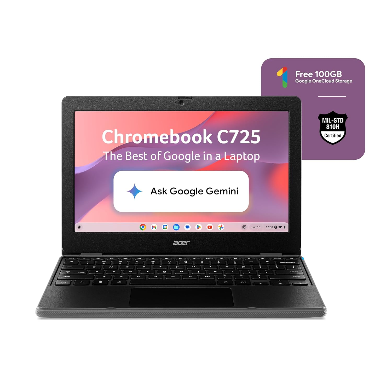 Acer Chromebook, MediaTek Kompanio 540 Octa-Core Processor, 4GB RAM, 64GB eMMC, Full HD, 11.6″/27.94cm Display, Chrome OS, Black, 1.2 KG, C725, Arm Mali G57 Graphics, WiFi 6E Laptop