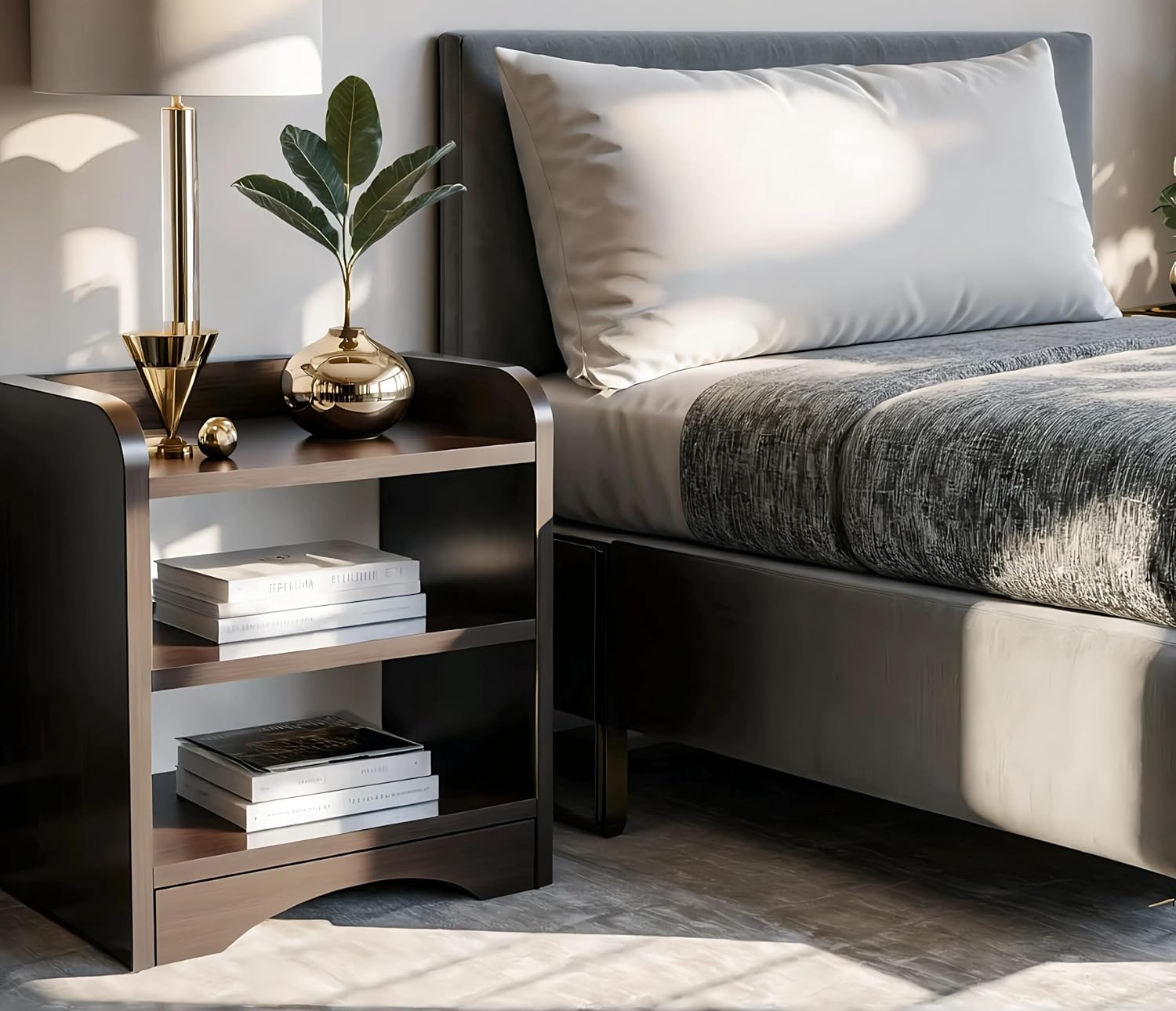 OXMIC Minimalist 3-Tier Side Tables for Bedroom, Bed Side Tables for Bed Room, Bedside Table for Bedroom, Side Table, 53 x 41 x 25 cm, Brown