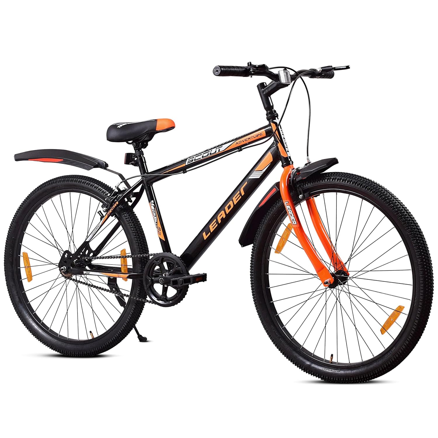 Leader Scout MTB 26T Mountain Cycle for Men with Complete Cycle Accessories | Without Gear Cycle | Single Speed Cycle,Ideal for 10 + Years,Mountain Bike,Black-Orange,Unisex-Child,Rigid,18 inches