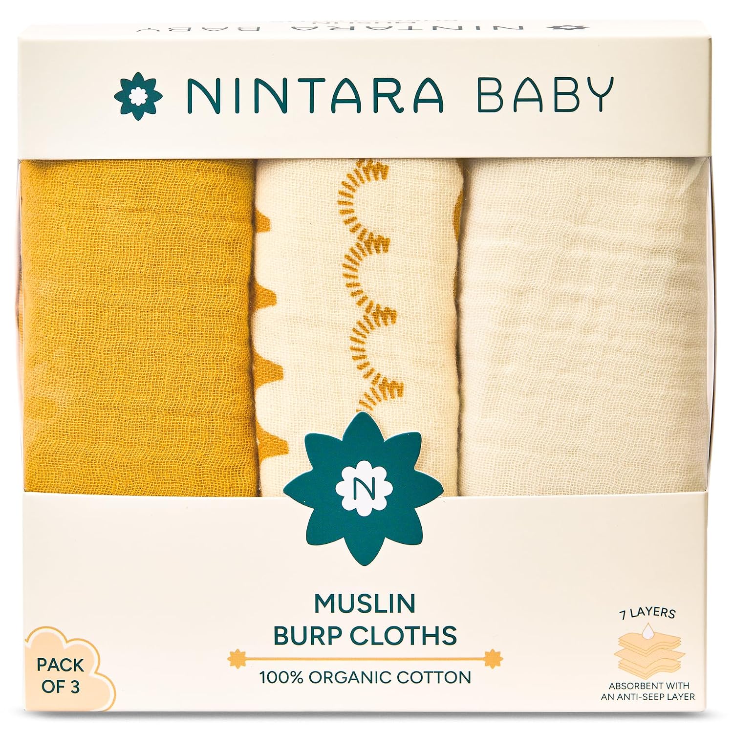 NINTARABABY Burp Cloths – 100% Organic Muslin Cotton, Pack of 3