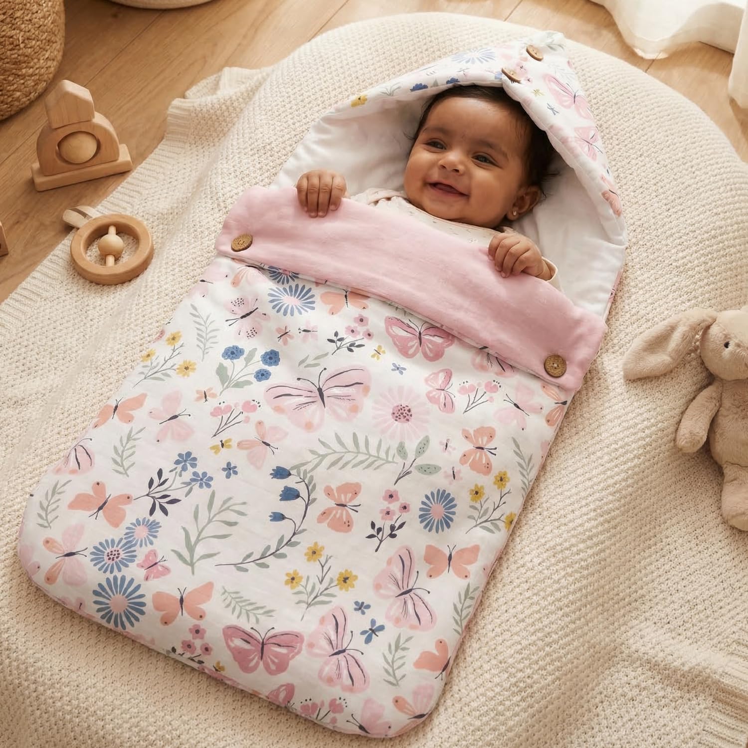 haus & kinder 3 in 1 Baby Sleeping Bag & Carry Nest | Cotton Bedding Set for Infants & New Born Baby | Portable/Travel & Skin Friendly | 0-6 Months (Butterfly Garden)