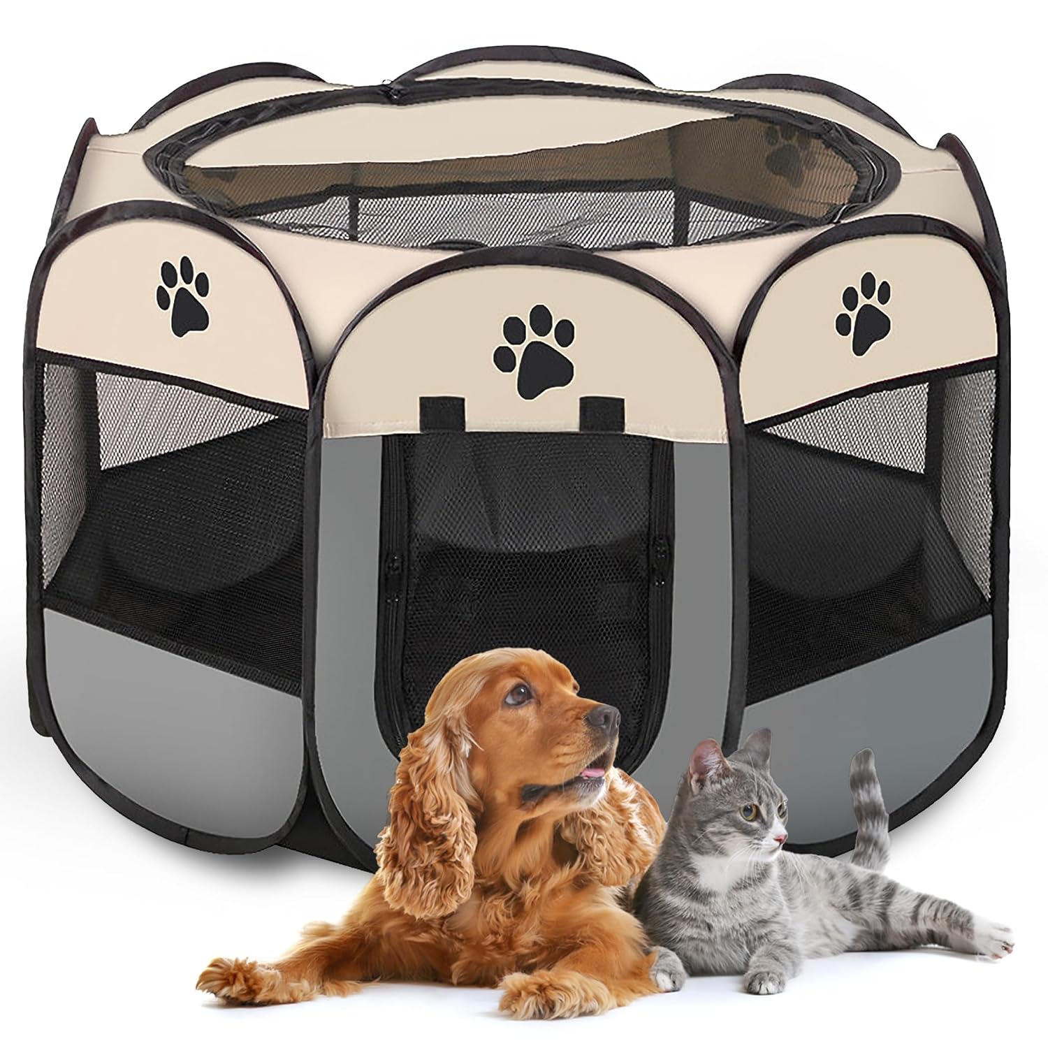 Portable Folding Pet Dog Cage House Large Tent and Playpen, Octagonal Design, Size [114CM x 114CM x 58cm] Color -Grey White