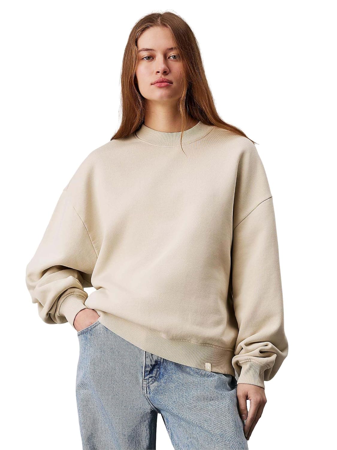 KOTTY Women’s Fleece Sweatshirt Solid Pattern with Classic Round Neck(Beige,M)