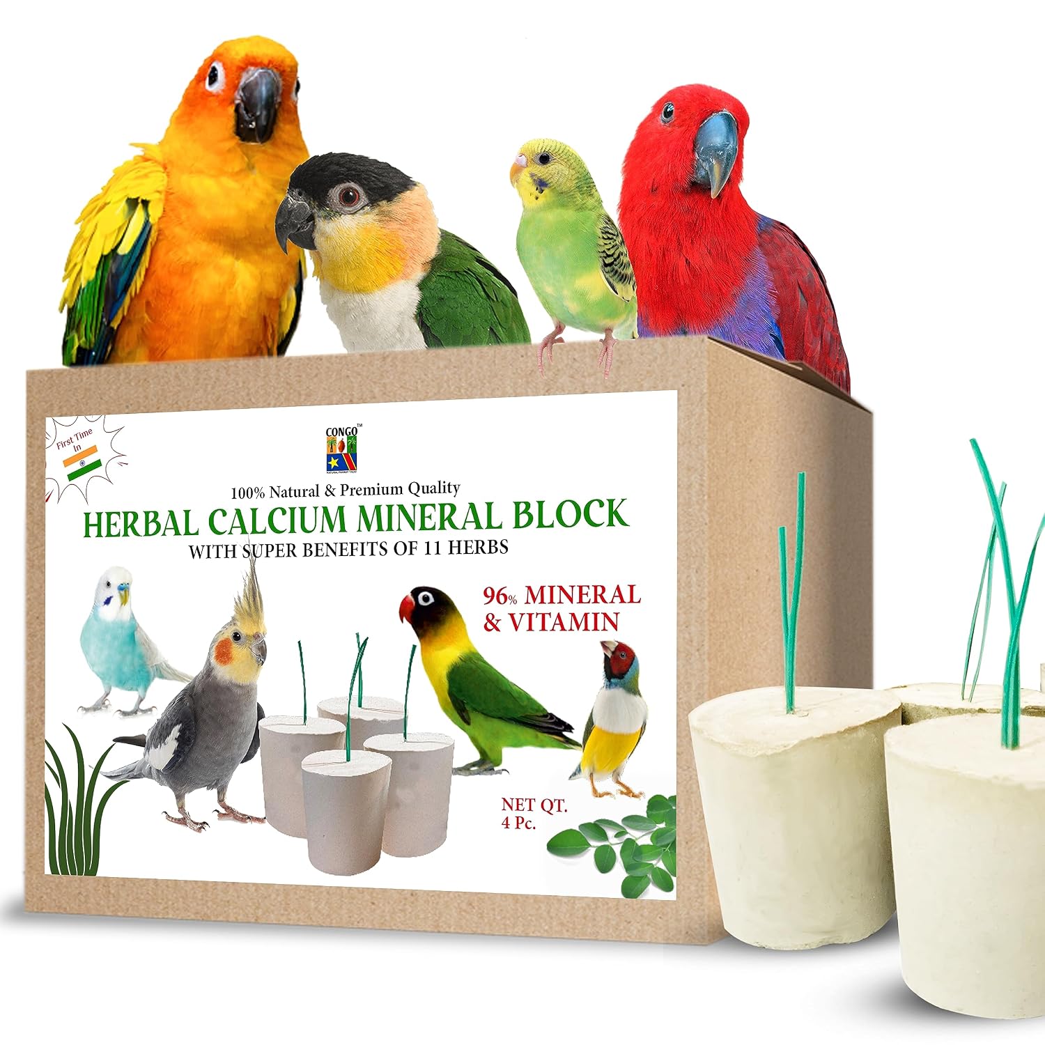 CONGO Natural Parrot Treat Herbal Calcium Mineral Block with 11 Herbs (Moringa & Spirulina) | 96% Minerals & Vitamins | Beak, Bone & Digestion Support | for Budgies, Cockatiel, Lovebird, Conure