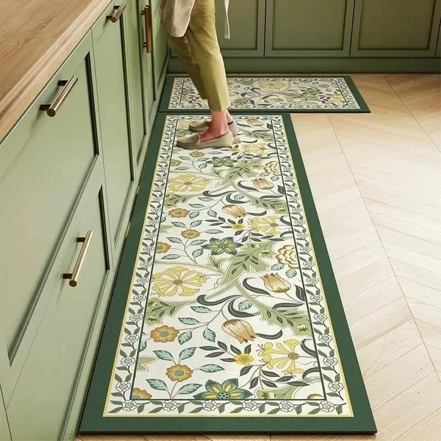 Vintage Anti-Skid Set of 2 Kitchen Mat for Floor | Waterproof Oil-Resistant Soft Foam Mat for Home | Long Runner Carpet for Kitchen Aisle, Anti-Fatigue Comfort Mat for Standing Work