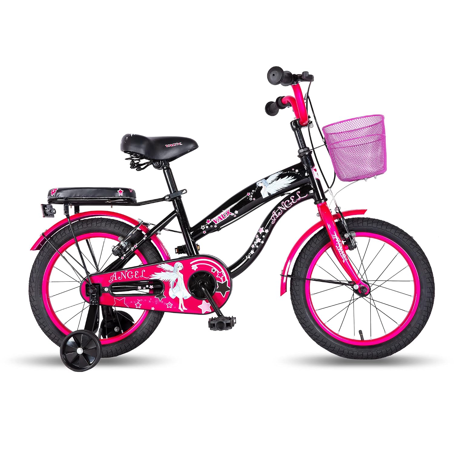 Vaux Angel Cycle for Kids 3 to 5 Years with Sidewheels, Basket & Backseat, 14 inch Cycle for Girls with Steel Frame, Rigid Fork & Tubular Tyres, Ideal Height 2ft 9inch-3ft 6inch (Black)