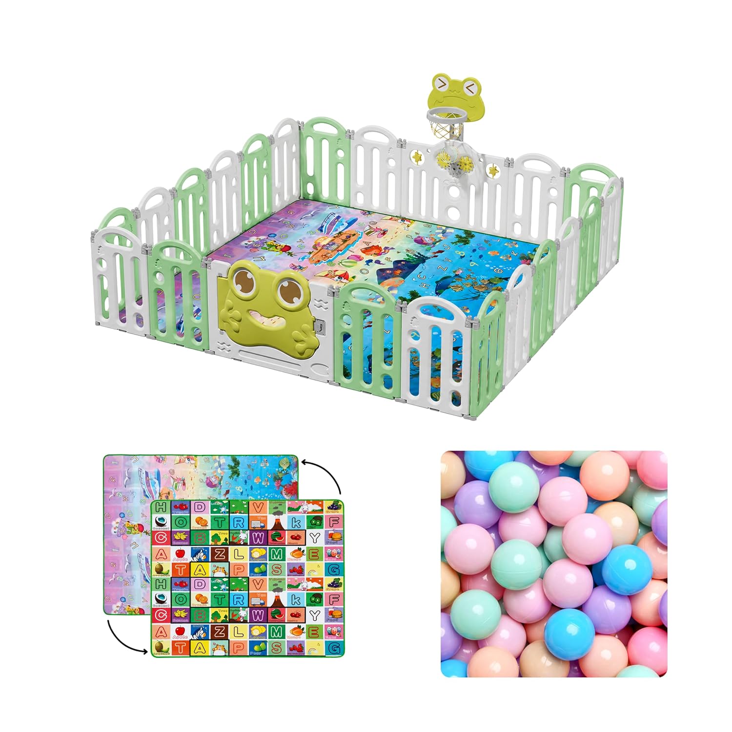 Kids Station Frog Design Baby Play Yard 150 x 180 with Playmat & 20 Colourful Balls, Secure Playpen for Infants & Toddlers, Breathable Mesh, Anti-Fall, Home Use (Green)