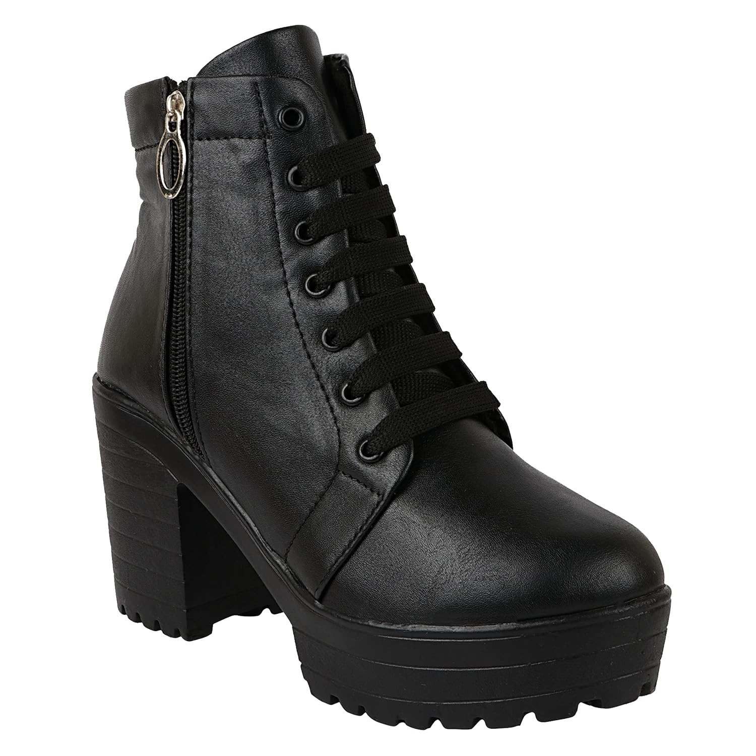 Shoetopia Women Zipper & Lace Up Block Heeled Boots