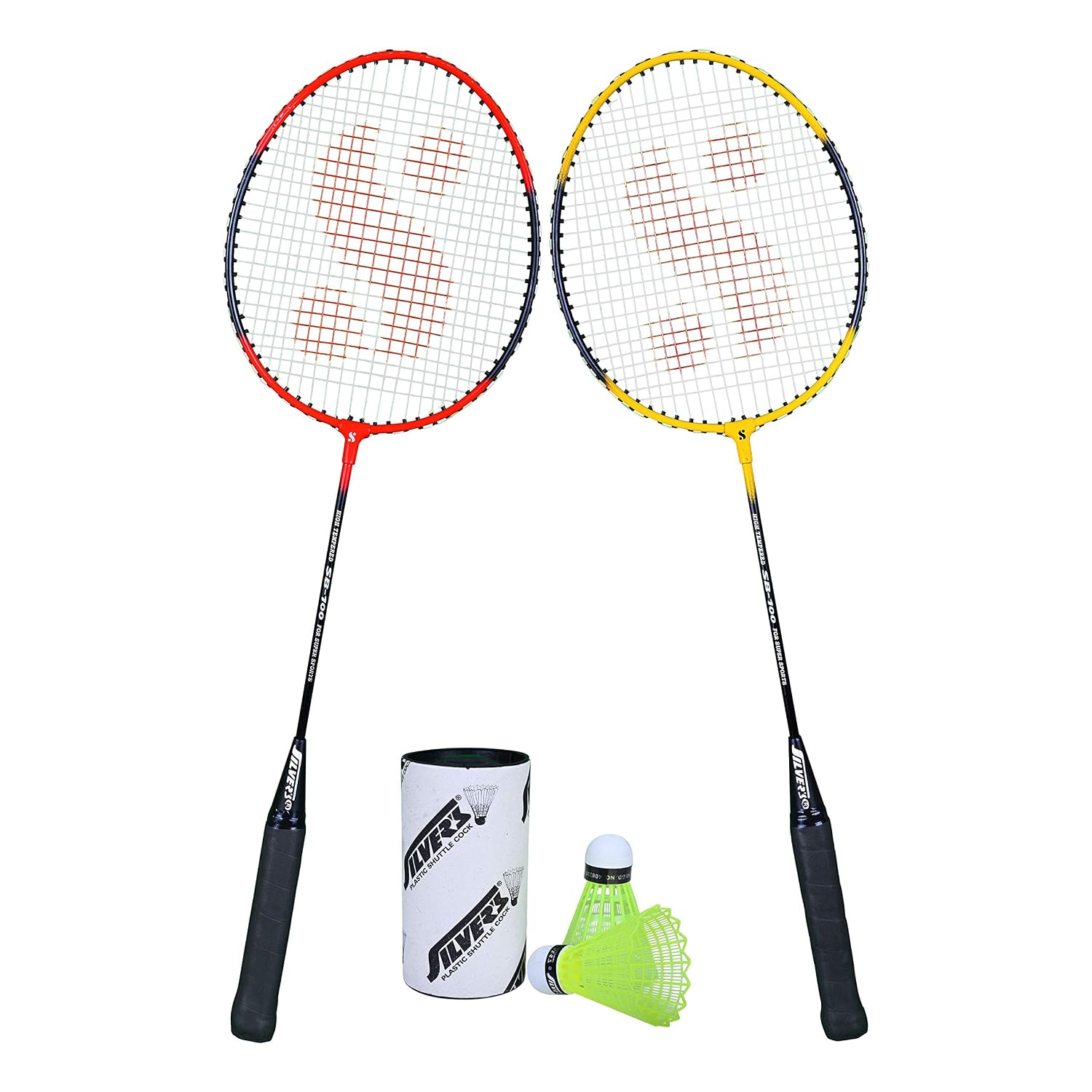 Silver’s SB-100 Combo-5 (2 Badminton Rackets + 2 Pcs Plastic Shuttle) Red-Yellow