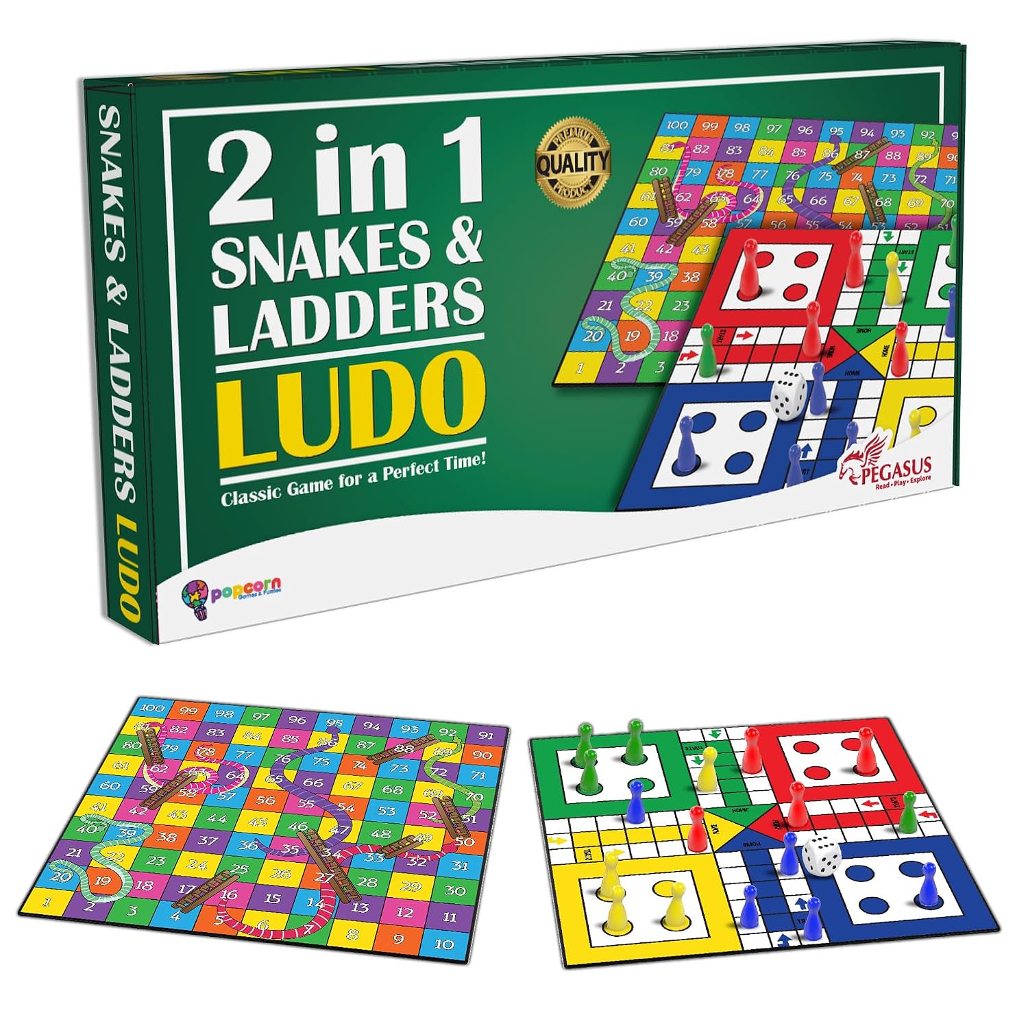 Popcorn Games & Puzzles 2-in-1 Ludo and Snakes & Ladders Board Game for Kids, Adults & Family | Travel-Friendly Classic Game Set for Fun Party Nights, Gifting & Learning | Great for 5-99 Age Groups