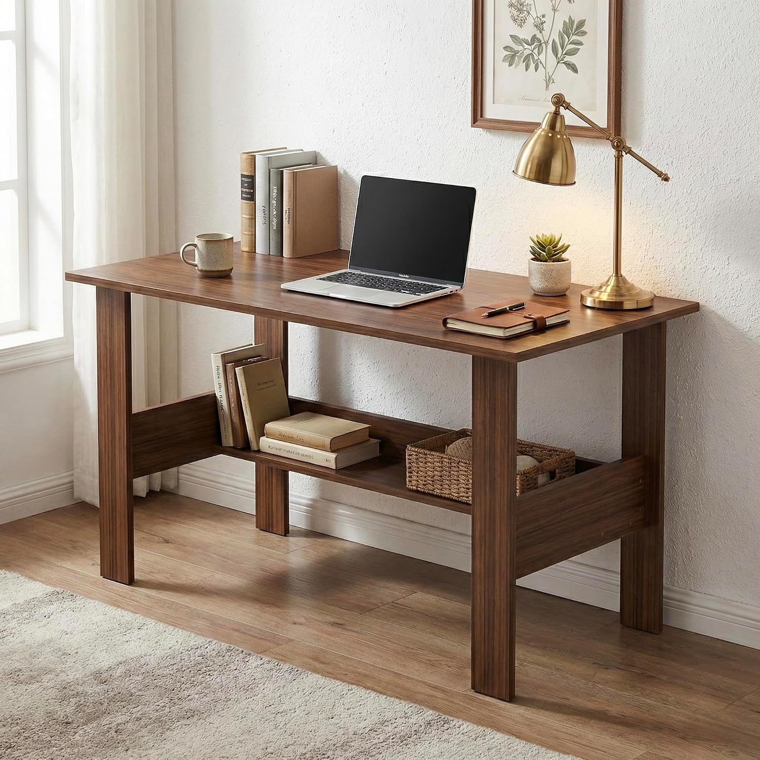 Linea Study Desk with Lower Storage Shelf, Compact Writing Table & Laptop Station for Home Office and Students, 90x50x75cm (Oak Brown)