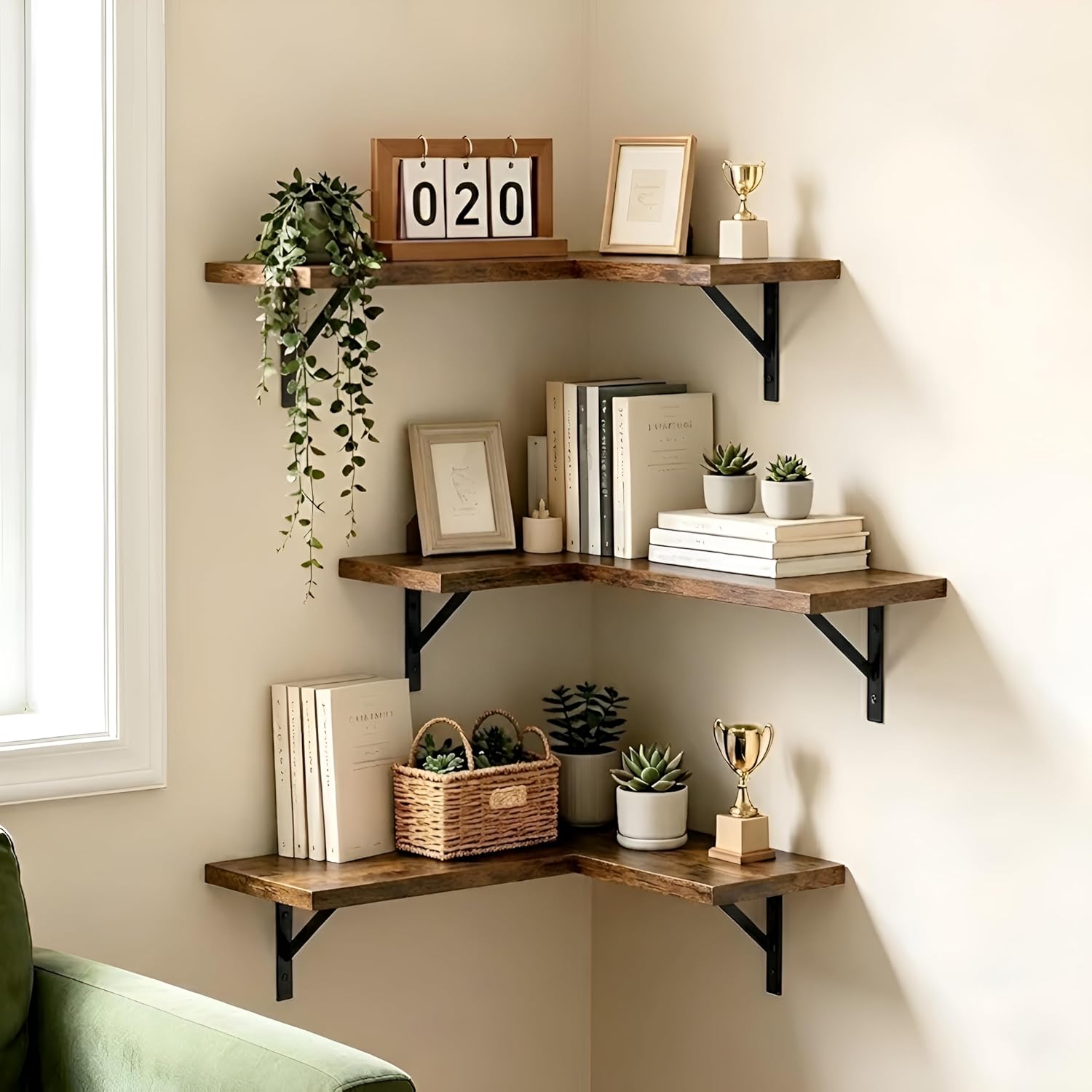 OXMIC Corner Wall Floating Shelves, Book Shelf for wall, Corner Shelf for Living Room Decor, Natural Wood MDF, Rustic Brown, Set of 3, with Metal Brackets