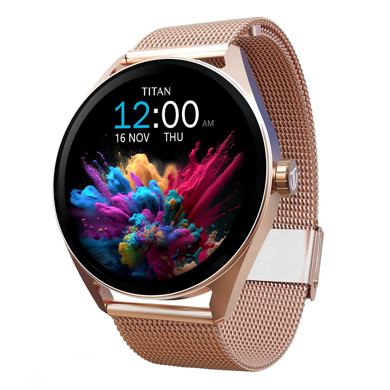 Titan Crest 1.43” AMOLED Smart Watch with BT Calling, AI Morning Briefs, Functional Crown, Health Tracking, Aluminium Body, 100+ Sports Modes, Smartwatch for Men and Women – Rose Gold Mesh Strap