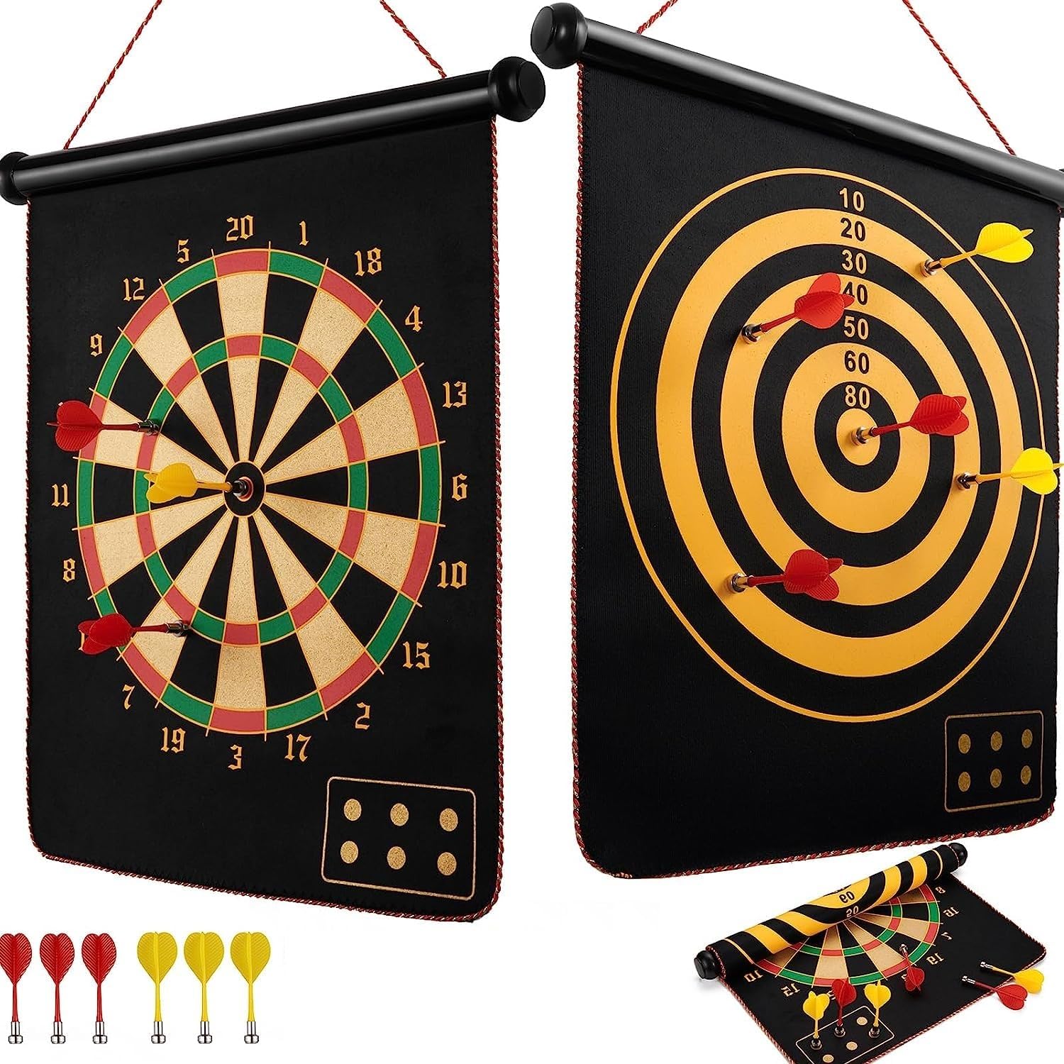 Serveuttam Magnetic Dart Board Game for Kids & Adults – 6 Pc Darts & Mat | Double Faced, Indoor/Outdoor, Portable, Safe, Non-Toxic, Black, EVA