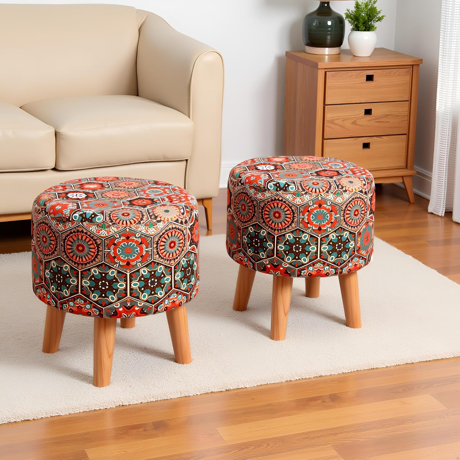 NACIA Printed Ottoman Stools for Home Printed Ottoman Stool Set of 2 Bench for Living Room for Sitting Wooden Round Foot Rest Pouf for Home Decoration Pouffes for Dressing Table 16″x18″ Octa