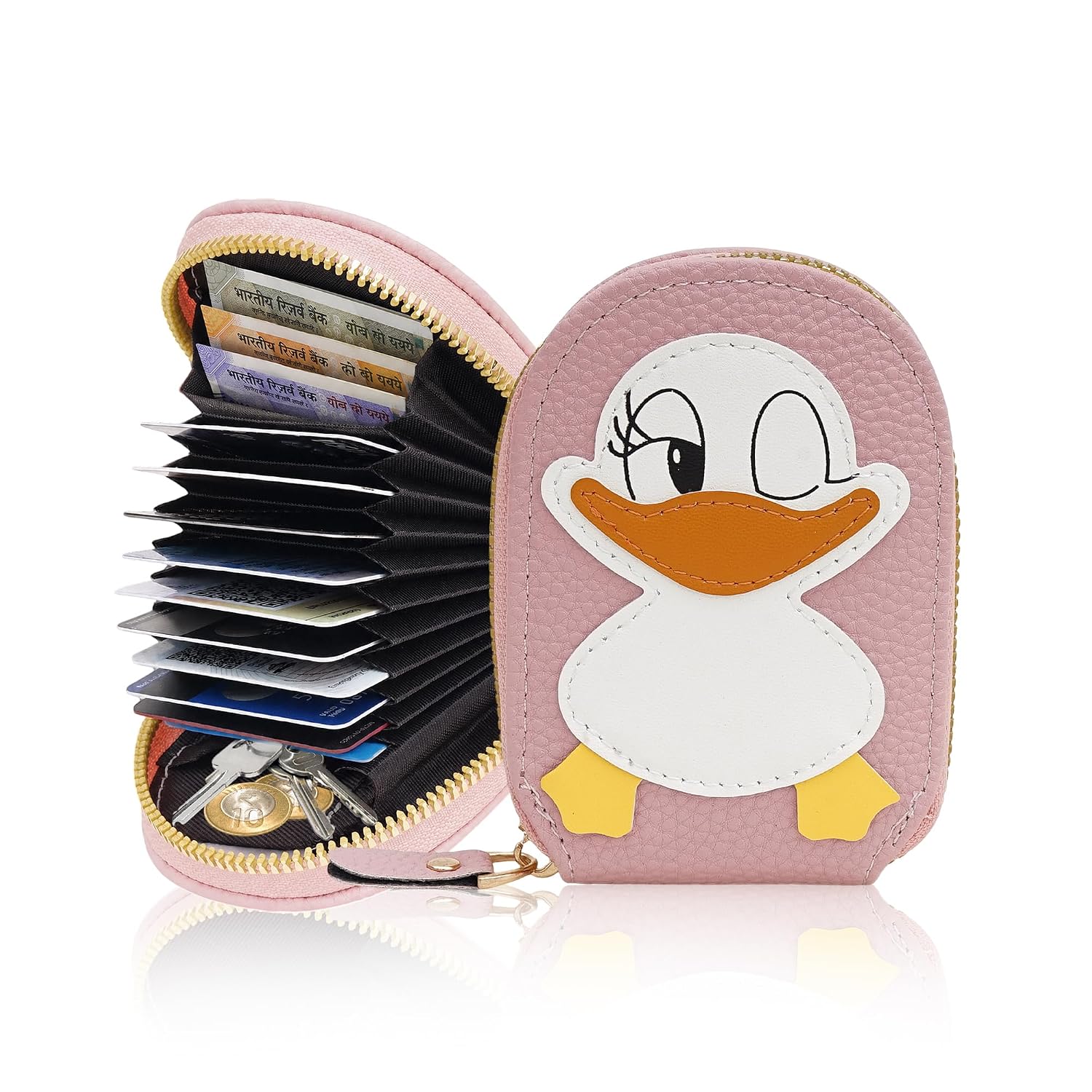 Card Holder Wallet for Women – Cute Duck Designed Girls Wallet | 11 Card Slots Slim Wallet, Faux Leather Small Purse with Zipper, Easy to Fit in Pocket & Bag | Perfect Gifts for Woman- Pink
