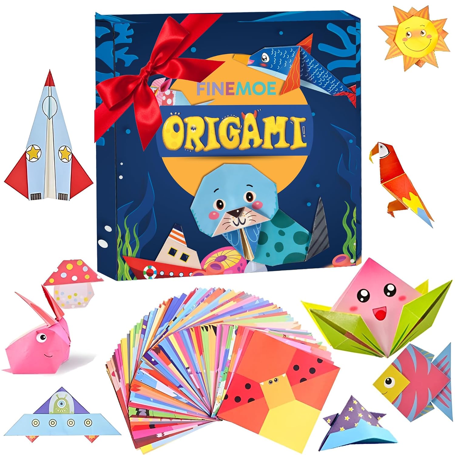 FINEMOE 108 Origami Paper with Instruction Book for Kids, Craft Paper Sheets with 54 Designs, 18×18 cm DIY Art Colour Paper for Craft Kit Set
