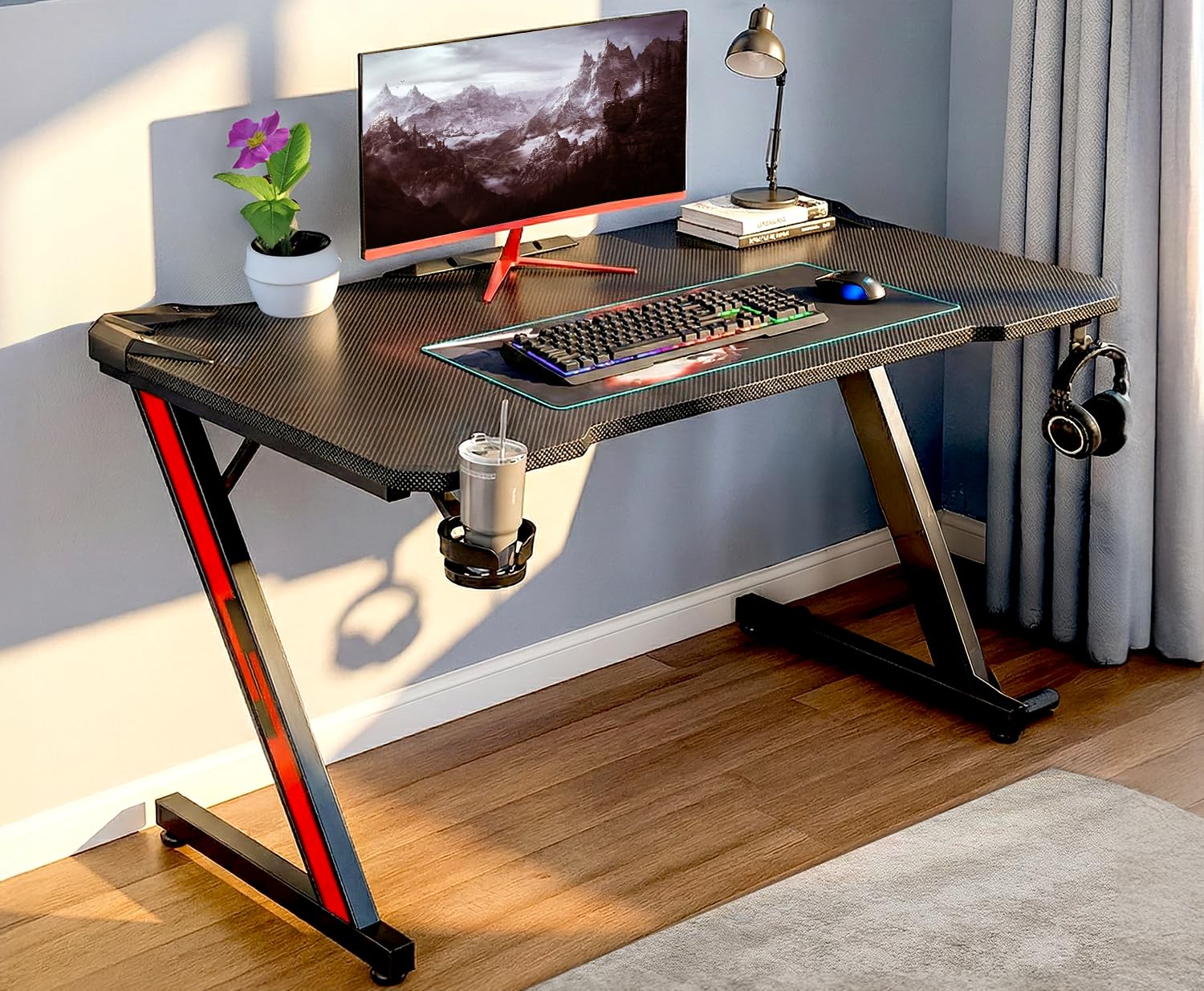 White Mulberry Gaming Table | Z Shaped Desk with Carbon Fiber Surface | Computer Desk with Cup Holder & Headphone Hook | Gaming Table for PC, Home & Office Use | 110 x 60 x 75 CM