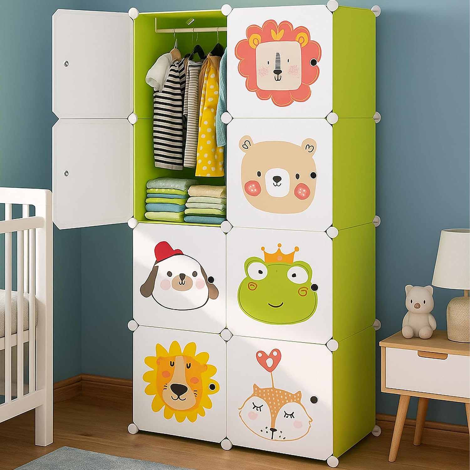 AYSIS Kids Plastic Collapsible Wardrobe Organizer for Storage | Cute Cartoon Design | Heavy Duty Cloth Organizer for Storage | Easy to Assemble | Perfect for Kids Room & Home | Green