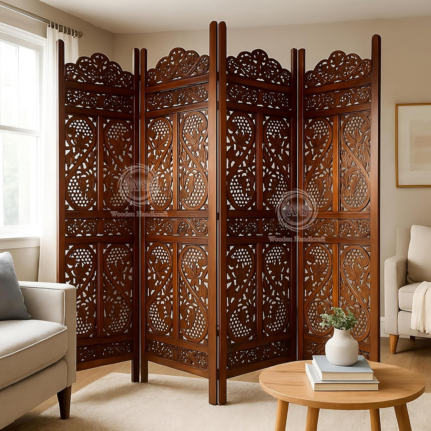Partition for Living Room Wall Room Divider Screen Separator, Wall Panel Divider for Hall | Bedroom |Office | Puja Room | Restaurant S Design 4 Panel (Walnut 4P)