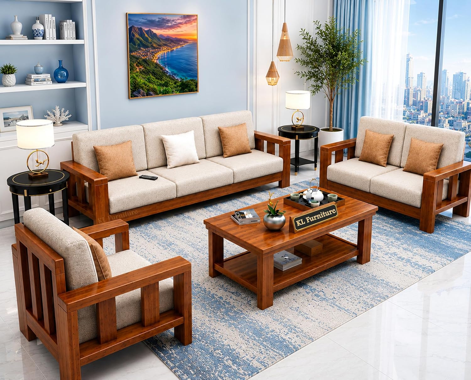 K L FURNITURE Solid Sheesham Wood 6 Seater Sofa Set for Living Room | Wooden Sofa Set for Living Room Furniture 3+2+1 (Standard, Natural Teak Finish)