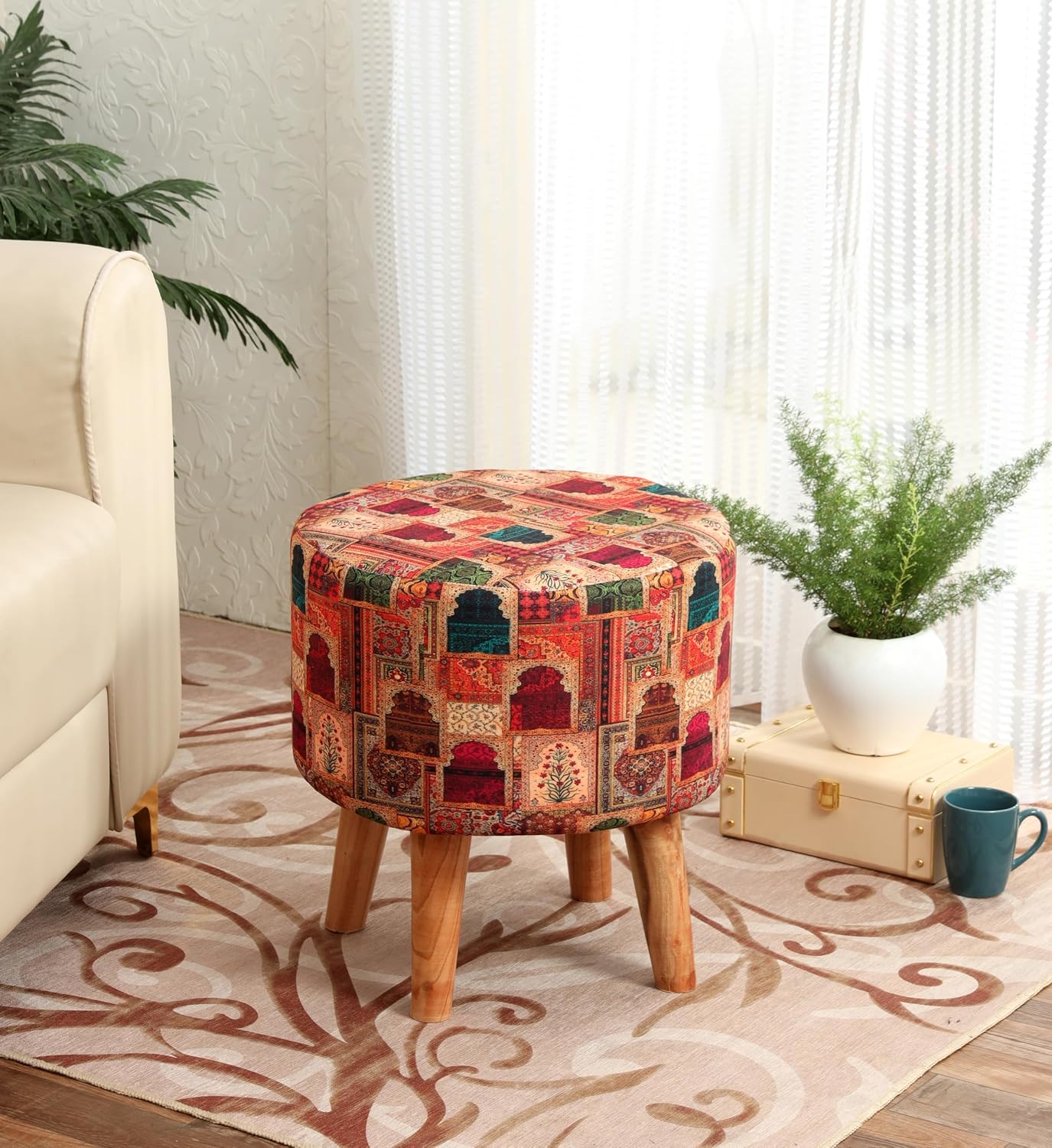 NACIA Printed Ottoman Stool (16x16x17 Inches) for Living Room, Bedroom | Wooden Pouffes for Sitting & Footrest | Puffy Footstool Furniture for Home Decor, Office | Dressing Table Stool (Darbar-Beige)
