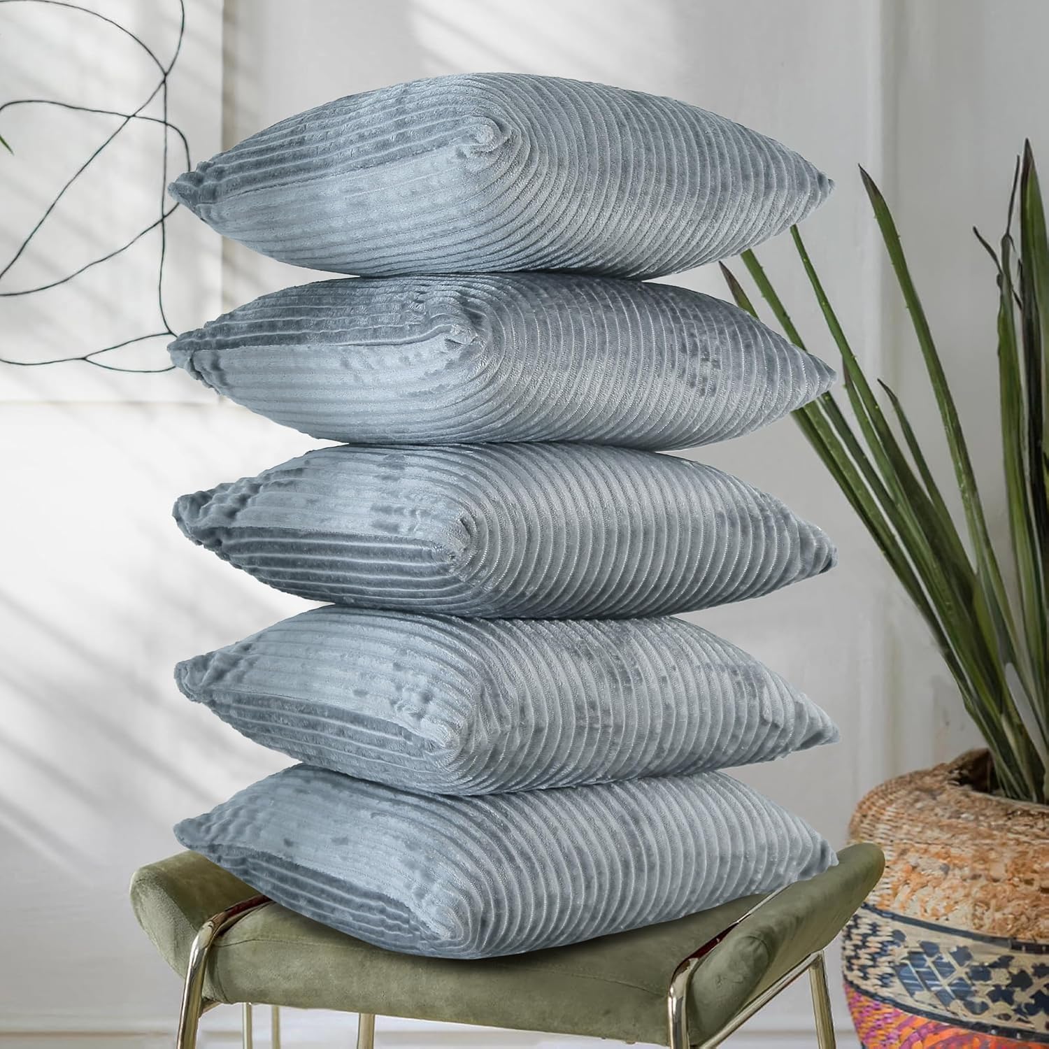 RD TREND® Cushion Cover Set of 5, Decorative Sofa Living Room Home Square Cushion Covers 24 Inch x 24 Inch, Aesthetic Corduroy Striped Double Sided (Grey,Pack of 5)