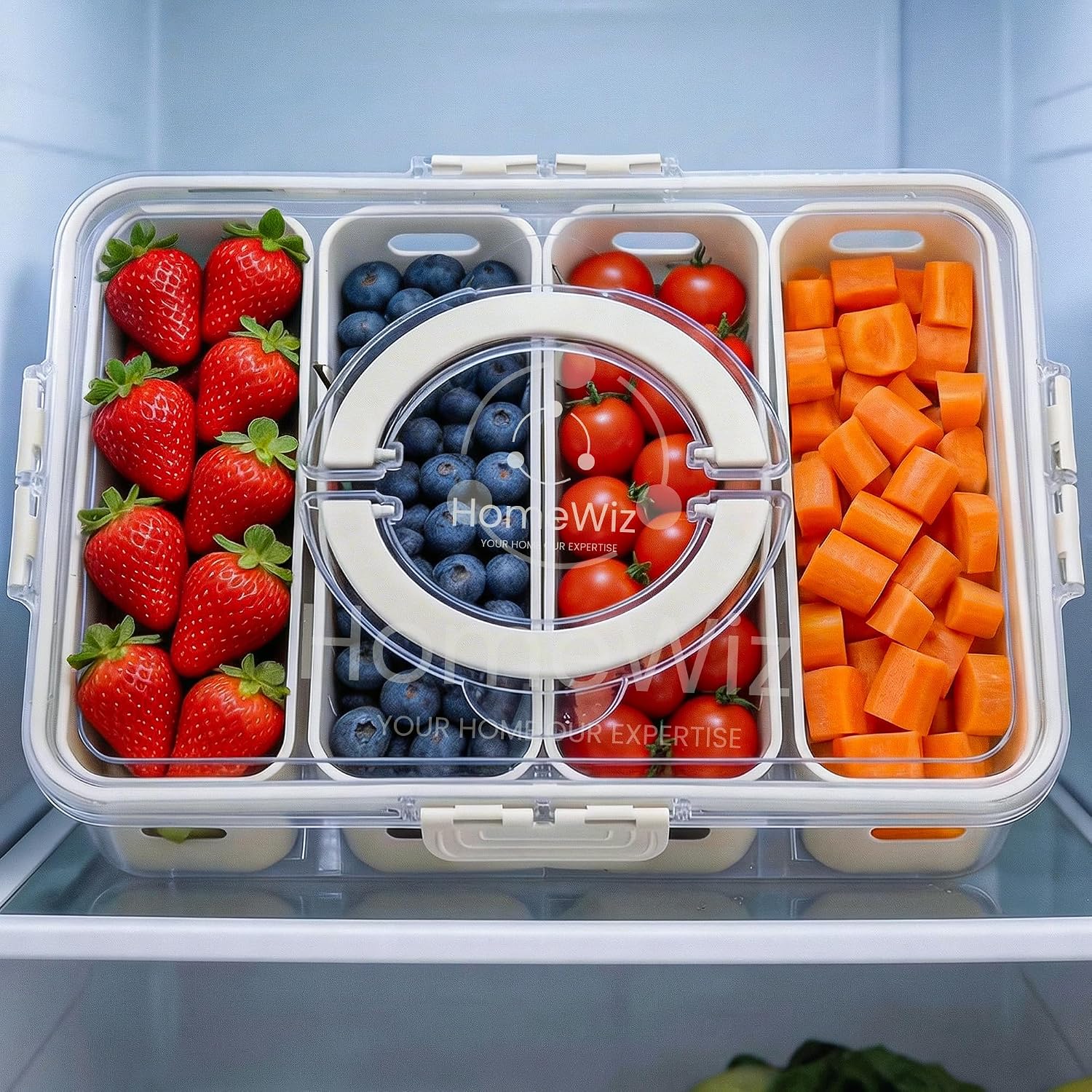 HomeWiz Fridge Storage Containers 3300ml 4-Grid | Air Tight Storage Container Set | Fridge Organiser Storage Boxes | Food Grade BPA-Free Plastic Containers|Stackable & Transparent|Removable Mini Boxes