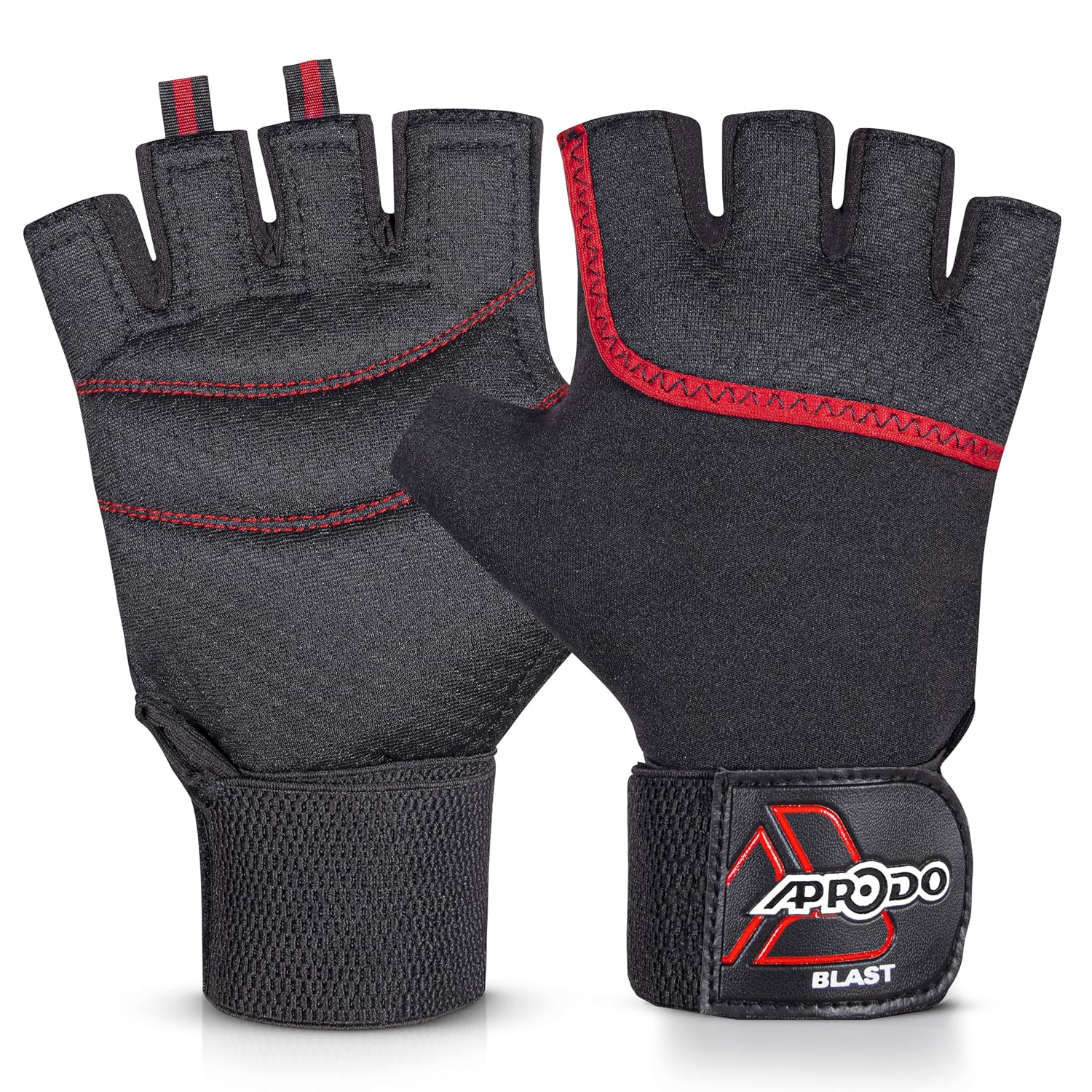 Aprodo Neoprene Half Finger Workout Gym Gloves with Wrist Support Strap | 1 Pair – Free Size (Red-Black) | Fitness Gloves with Breathable Non-Slip Grip | Wrist Band for Dumbbell, Exercise