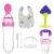 Silicone Baby Products Combo – Fruit Shape Teether, Fruit Feeder Pacifier, 90ml Silicone Spoon Feeder Bottle, Finger Toothbrush with Case & Waterproof Bib | BPA Free Infant Kit (0–12 Months) (Pink Combo 5)